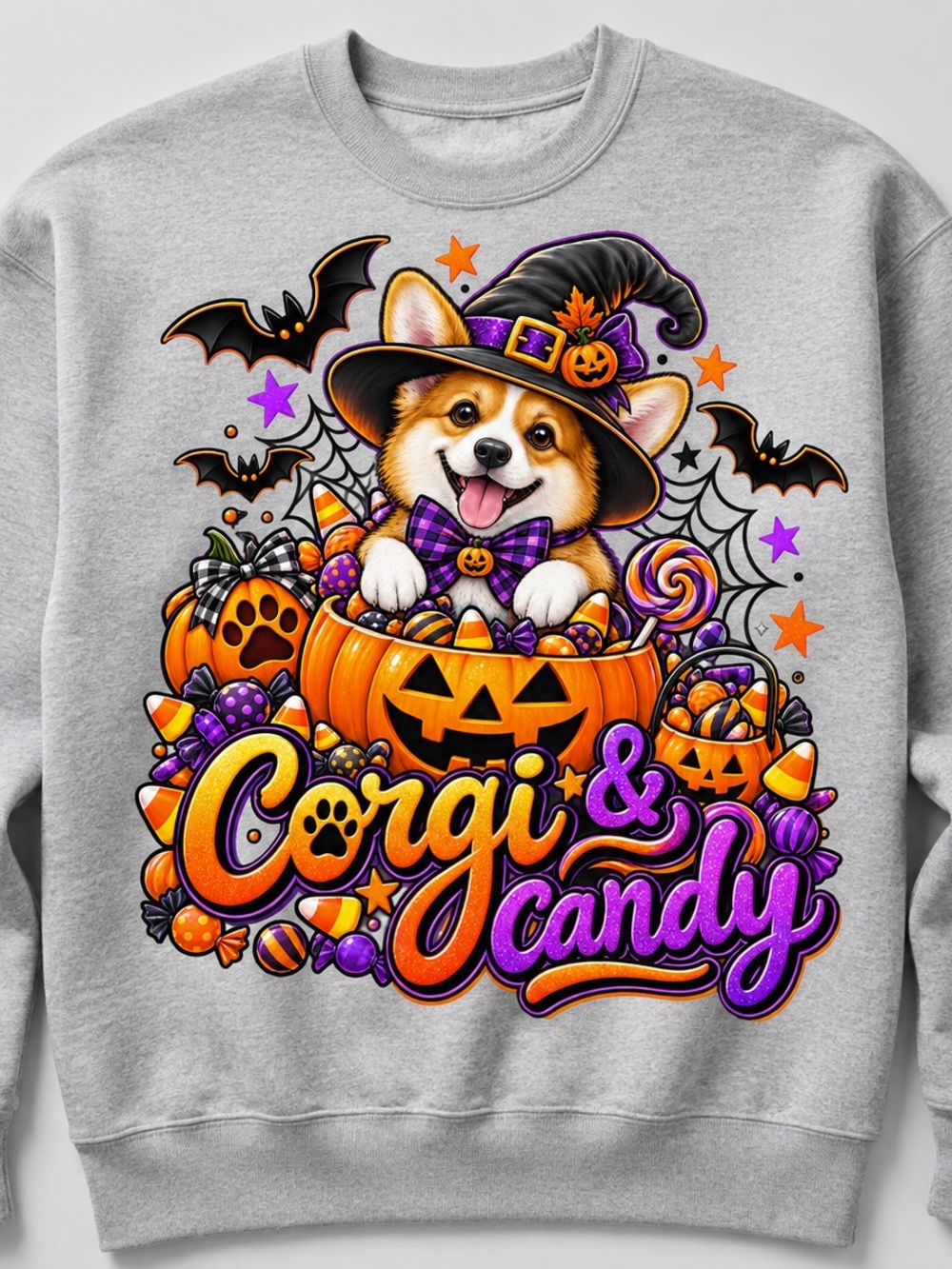 Gildan Gray Sweatshirt with Orange & Purple Corgi Halloween Design Adult Unisex